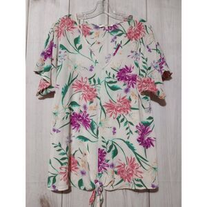Andree Shirt Ladies Medium Ivory Purple Floral Short‎ Sleeve Semi Sheer